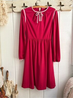 Vintage Fuchsia Long-Sleeve Tie-Neck Dress Handmade XS -S